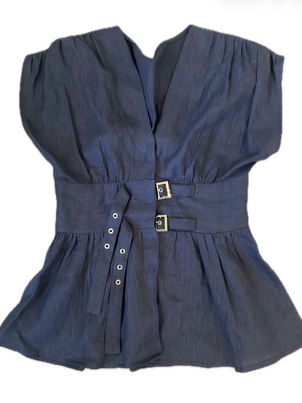 Custom Made 100% Linen  Double Belted Blouse -Blue